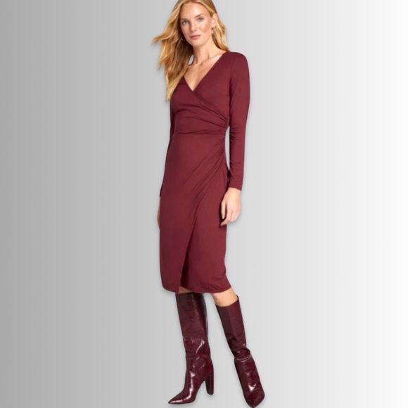 Modcloth Dresses & Skirts - ModCloth Modal Blend Knit in Town Faux Wrap Long Sleeve Burgandy Dress, Size XL